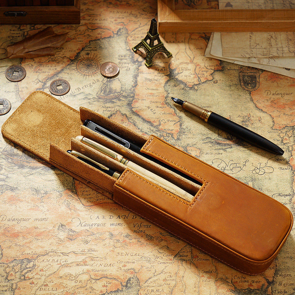 3-Slot Leather Magnetic Drawer Pen Case