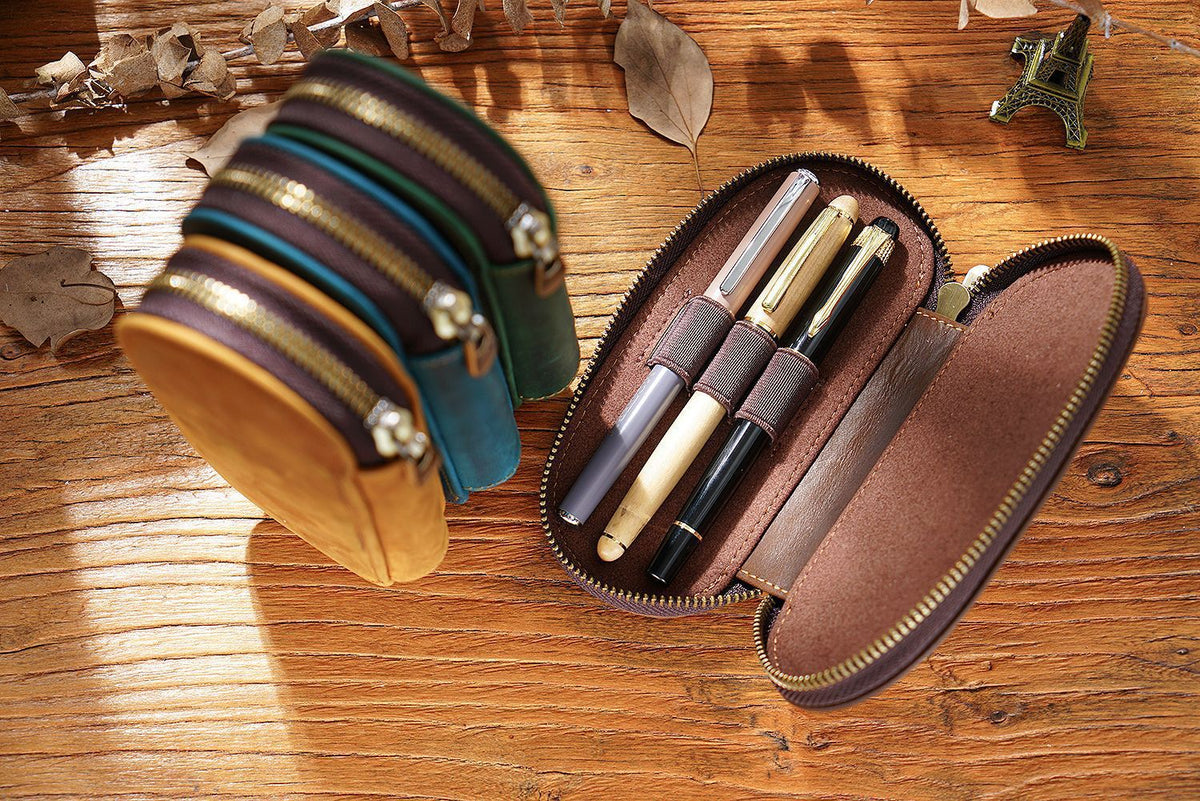 3-Slot Oval -Leather Pencil Case
