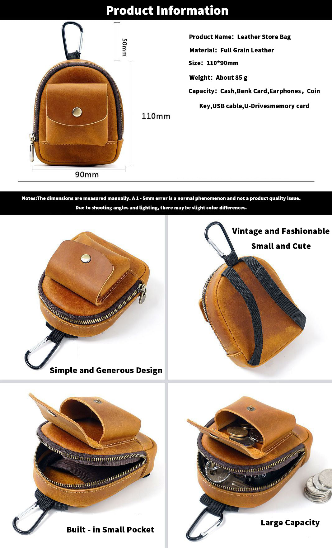 Trail Buddy-Genuine Leather Mini Backpack Pouch Cute Zip Coin Purse