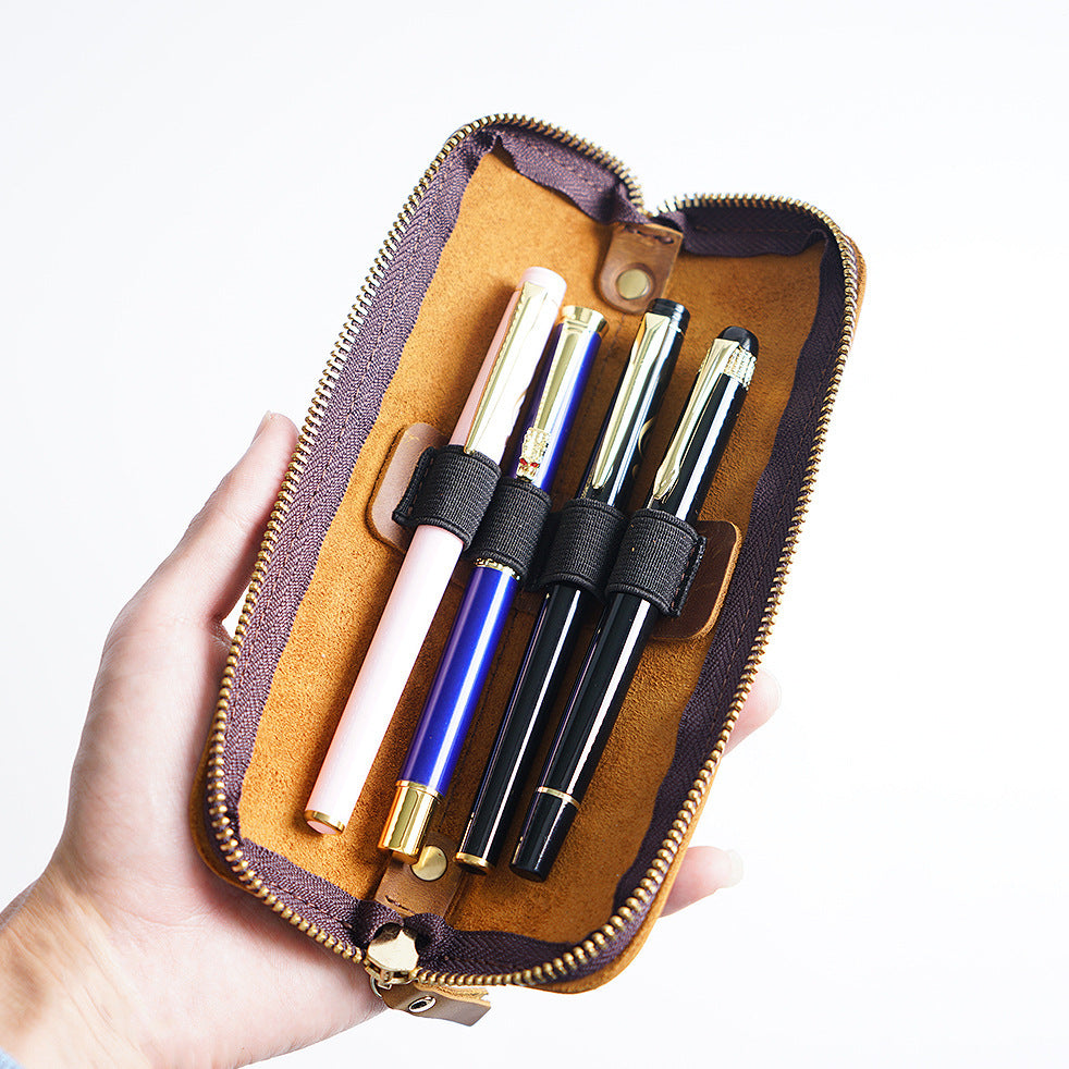 4 Elastic Pen Loops-Leather Zipper Pen Case