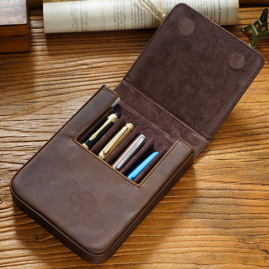 Leather 6-Pen Magnetic Flip & Slide Pencil Case