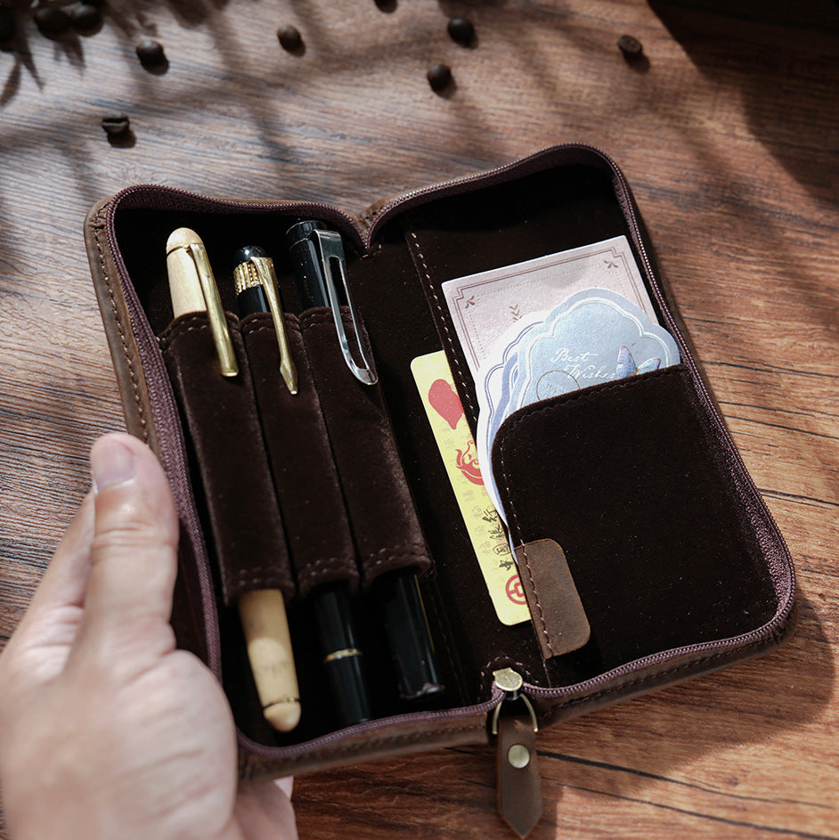 3-Slot -Leather Pen Case with Card & Receipt Pockets