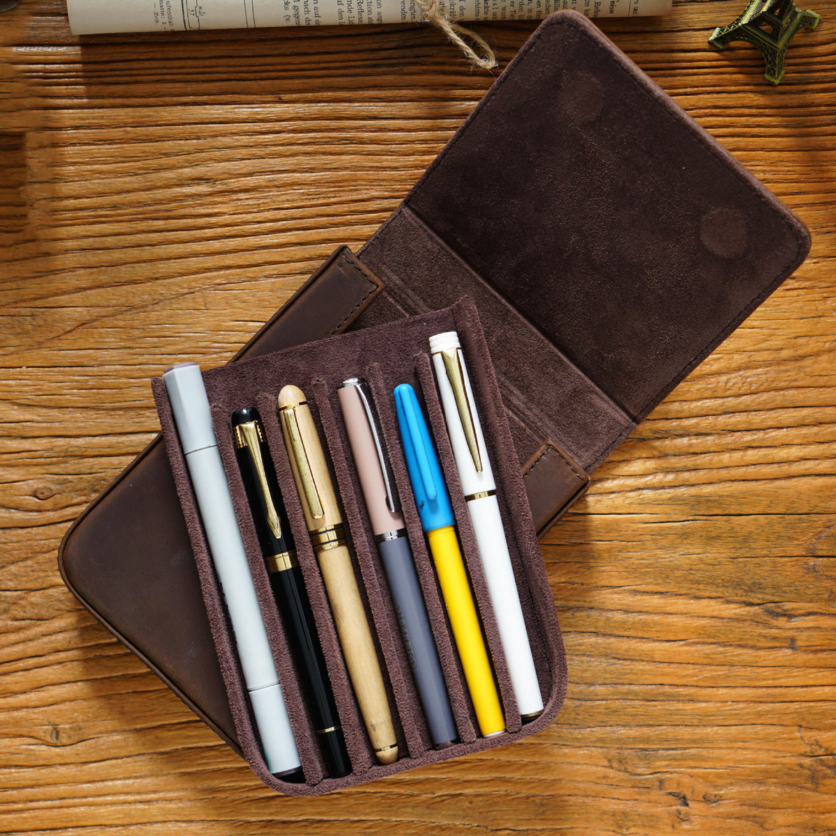 Leather 6-Pen Magnetic Flip & Slide Pencil Case