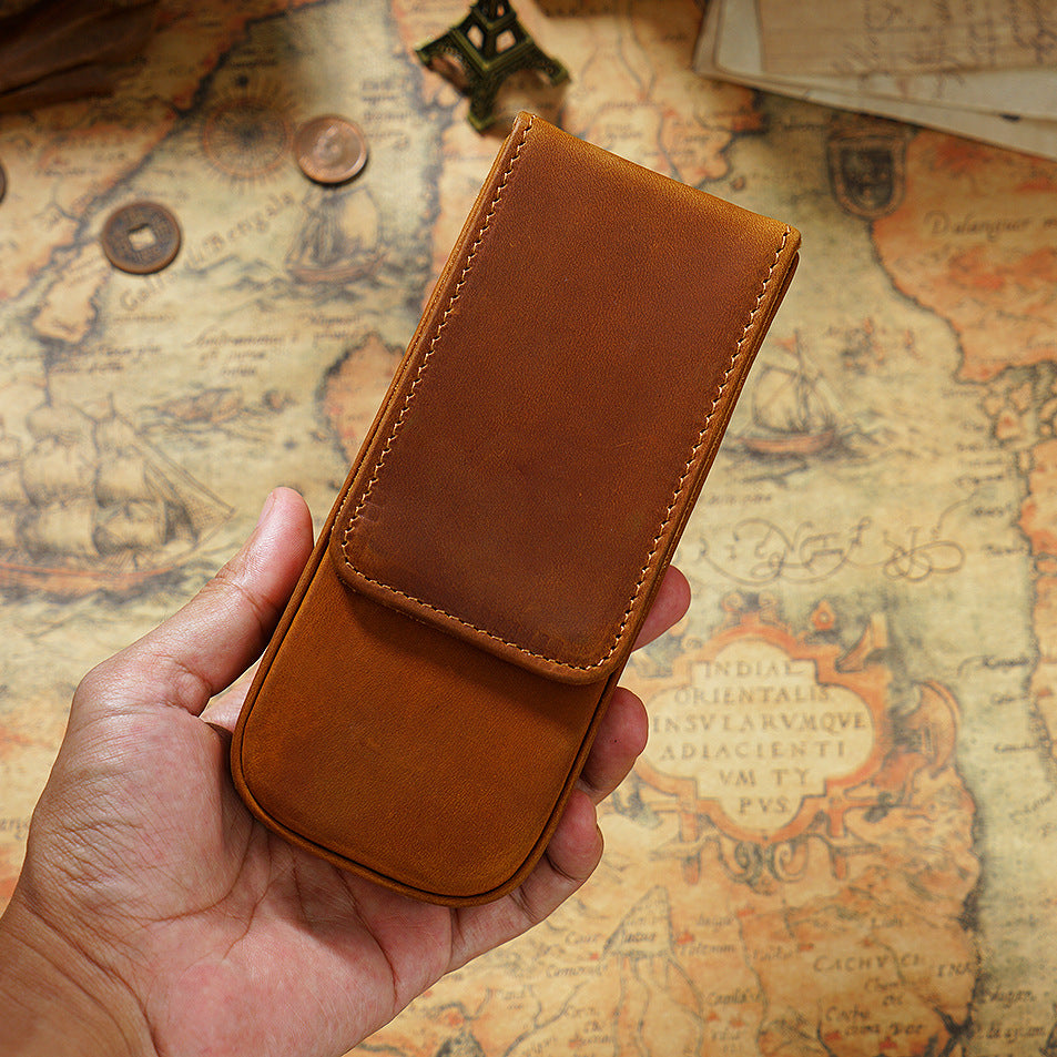 3-Slot Leather Magnetic Drawer Pen Case