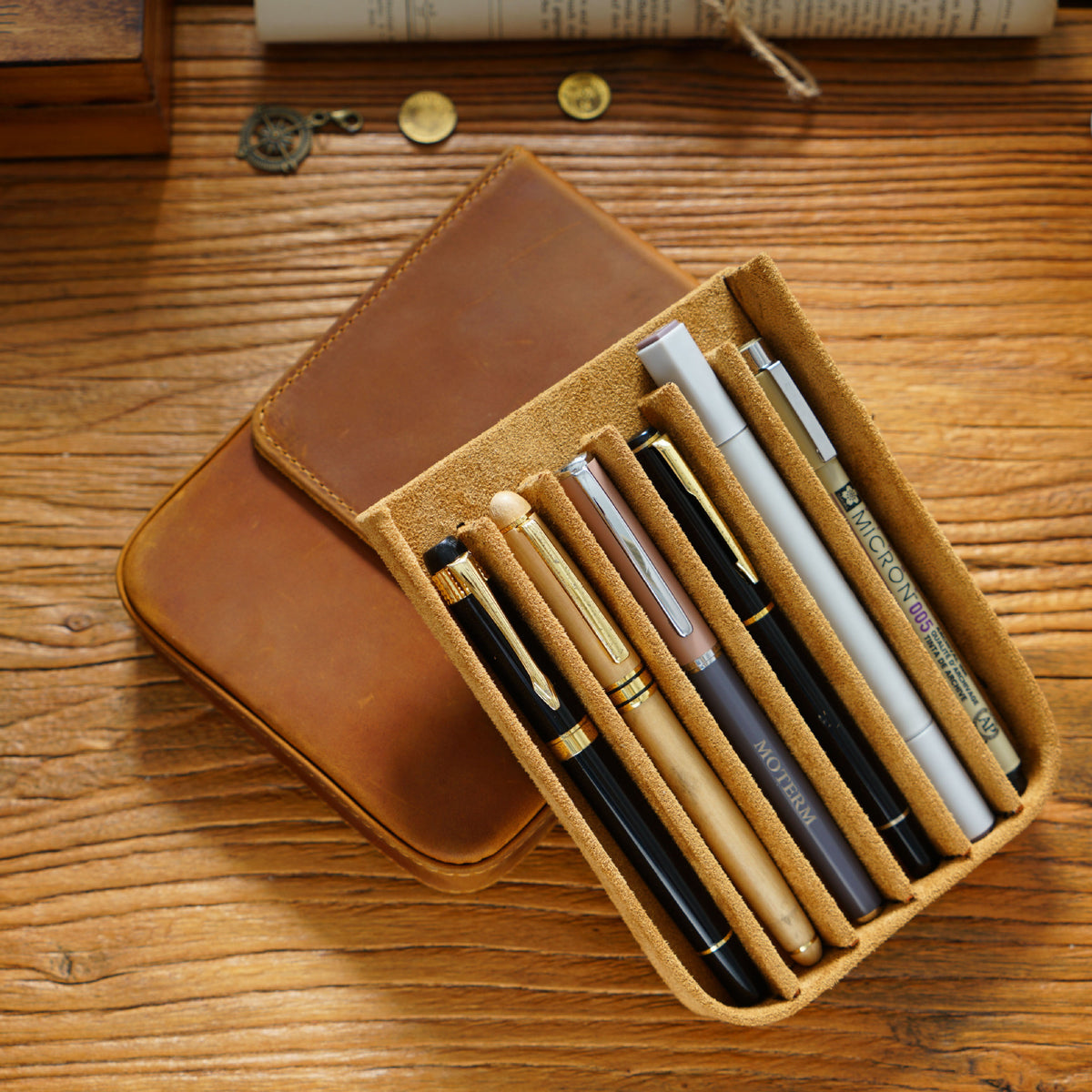 Leather 6-Pen Magnetic Flip & Slide Pencil Case