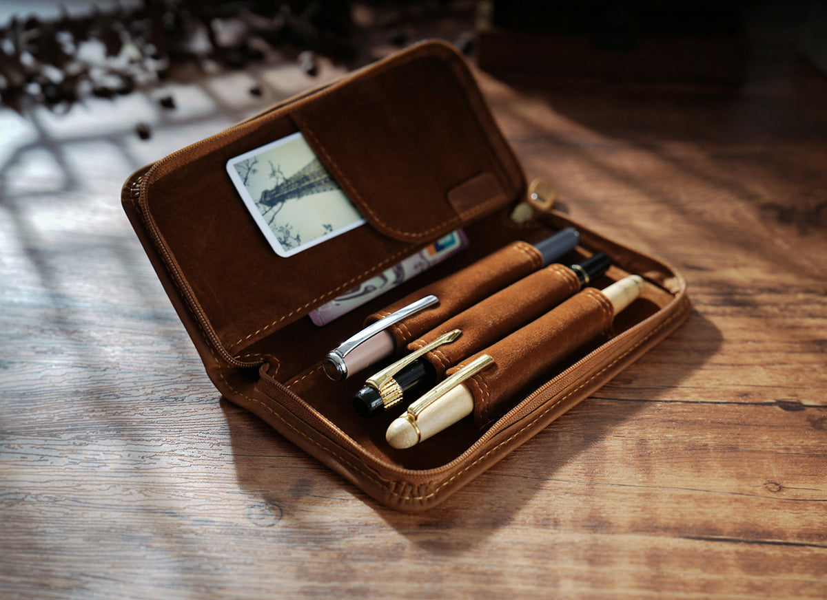 3-Slot -Leather Pen Case with Card & Receipt Pockets