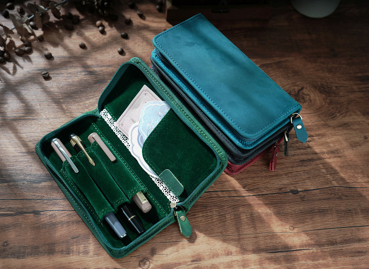 3-Slot -Leather Pen Case with Card & Receipt Pockets