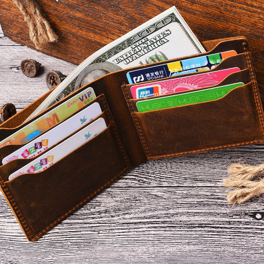 Crazy Horse Leather Bifold Wallet – Compact & Durable Card Organizer