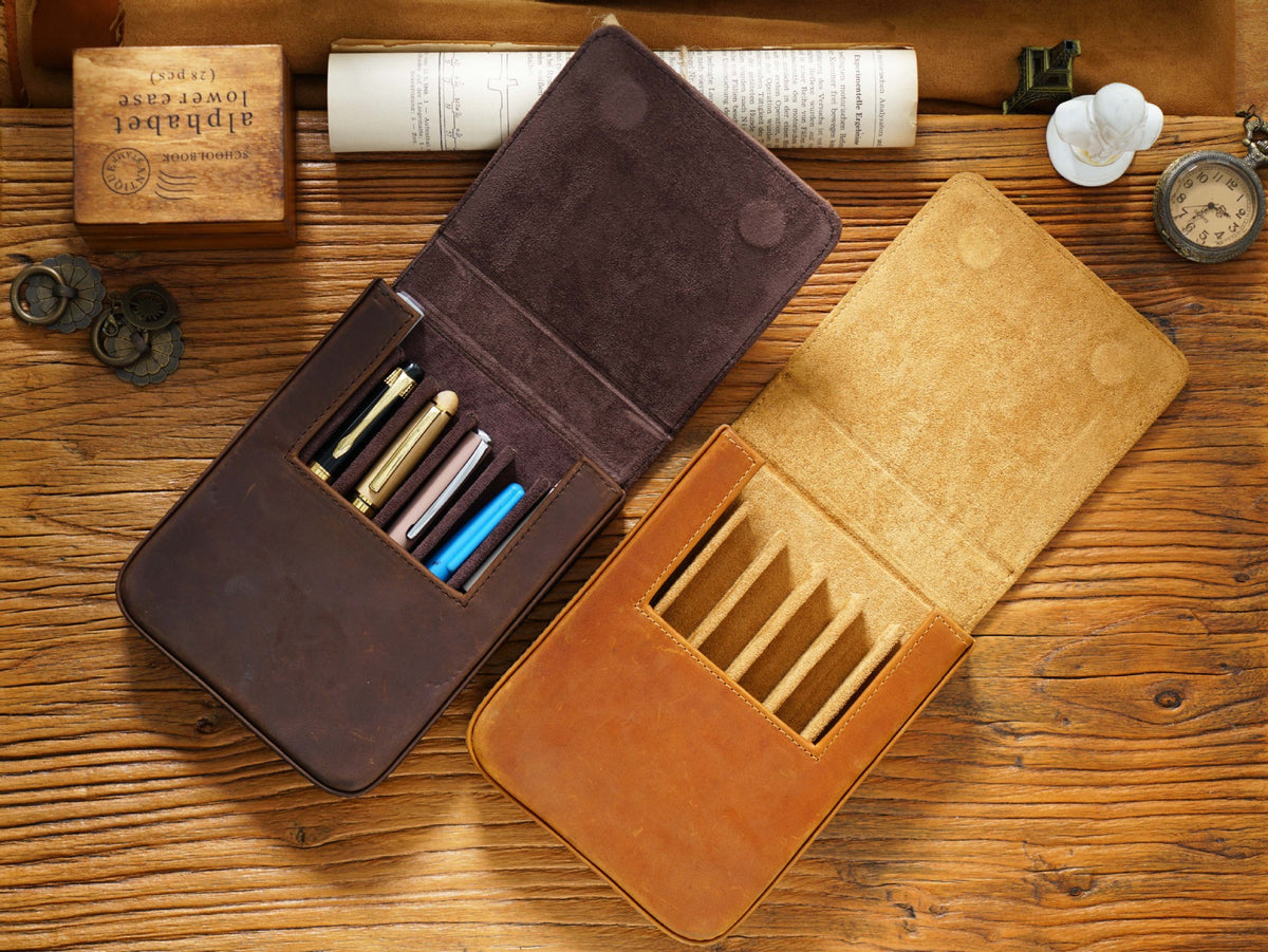 Leather 6-Pen Magnetic Flip & Slide Pencil Case