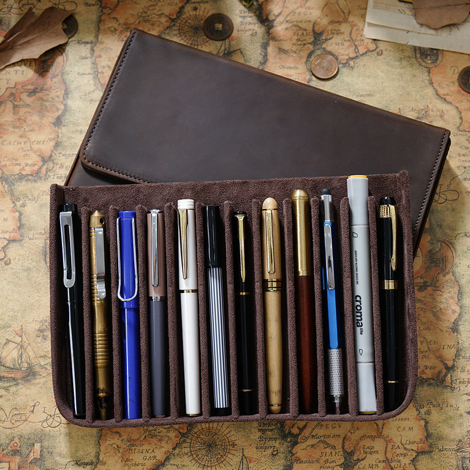 Slide & Snap —  Leather 12-Slot Pen Case