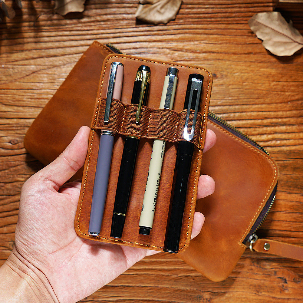 The Scribe's Vault — Vintage Leather Zipper Pen Case with Removable Pen Sleeve