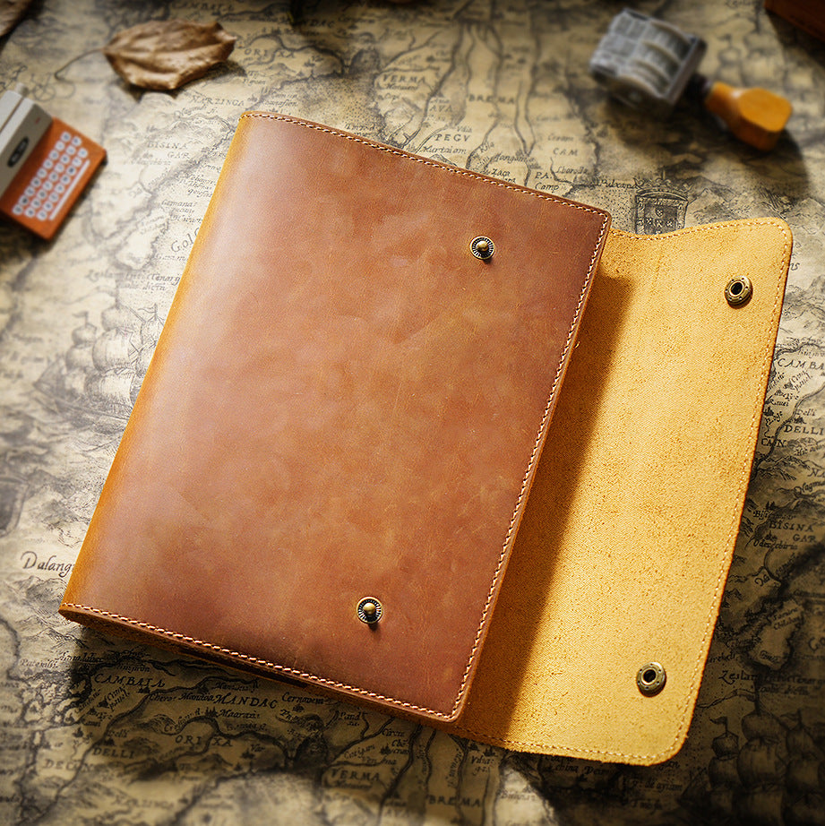 Top-Layer Cowhide Leather A5 Notebook with Snap Closure