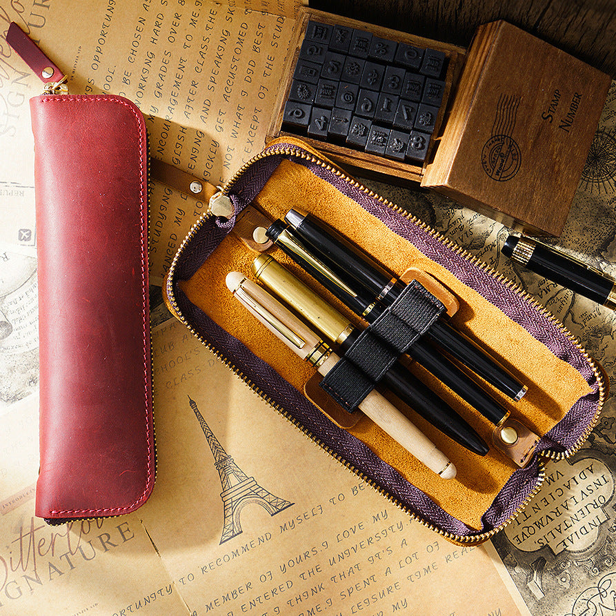 4 Elastic Pen Loops-Leather Zipper Pen Case