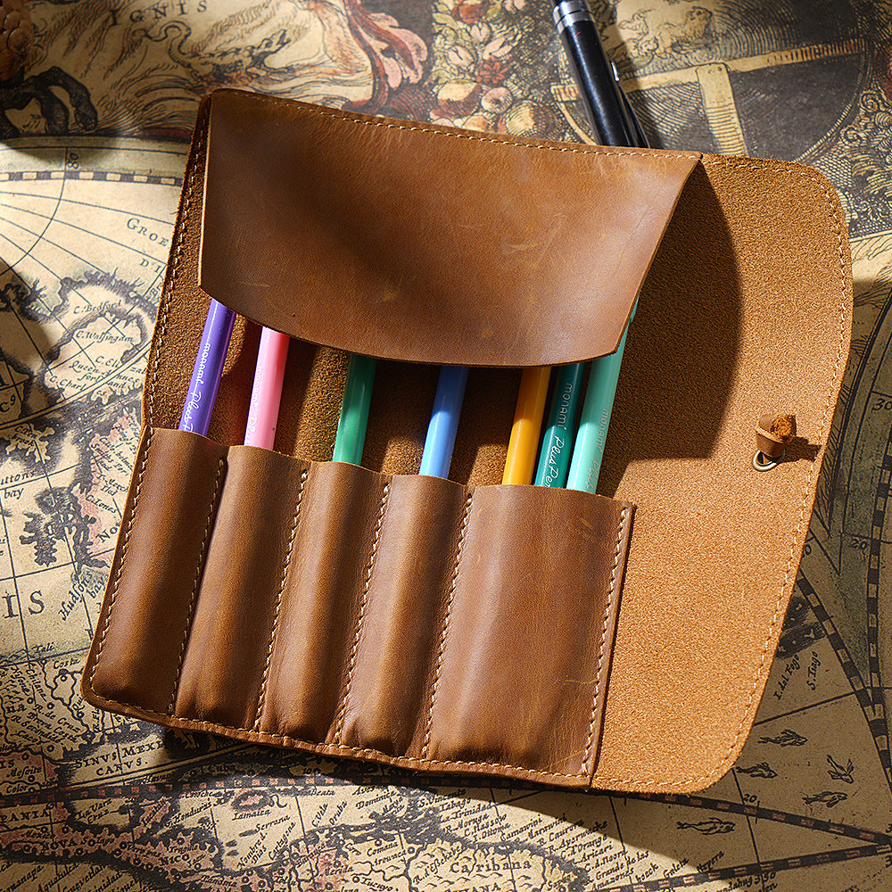 Leather 5-Pen Slot Roll-Up Pencil Case