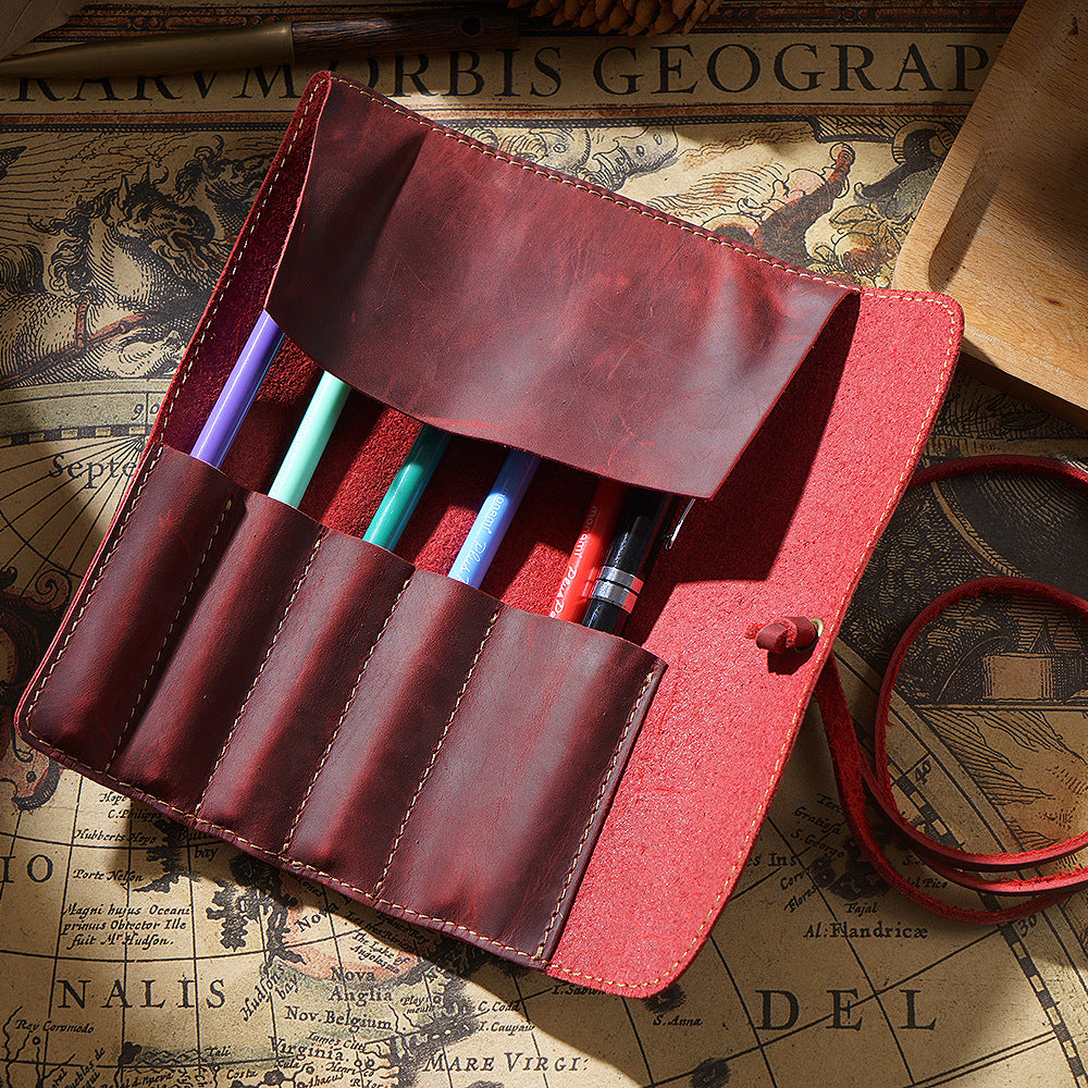 Leather 5-Pen Slot Roll-Up Pencil Case