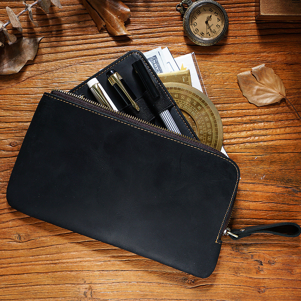 The Scribe's Vault — Vintage Leather Zipper Pen Case with Removable Pen Sleeve