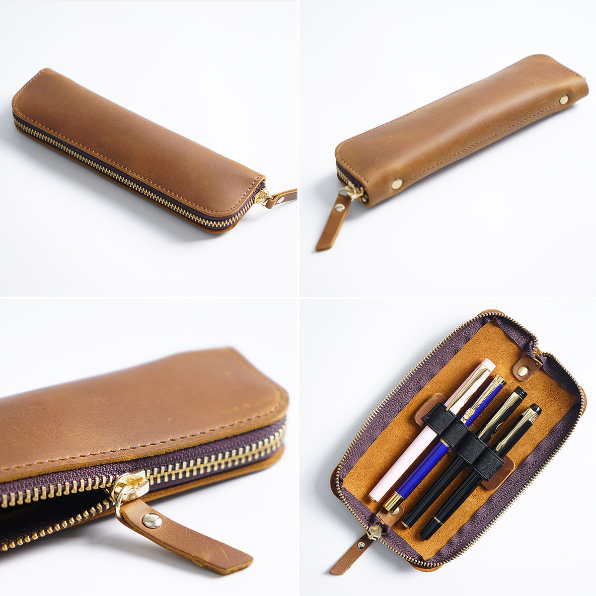 4 Elastic Pen Loops-Leather Zipper Pen Case