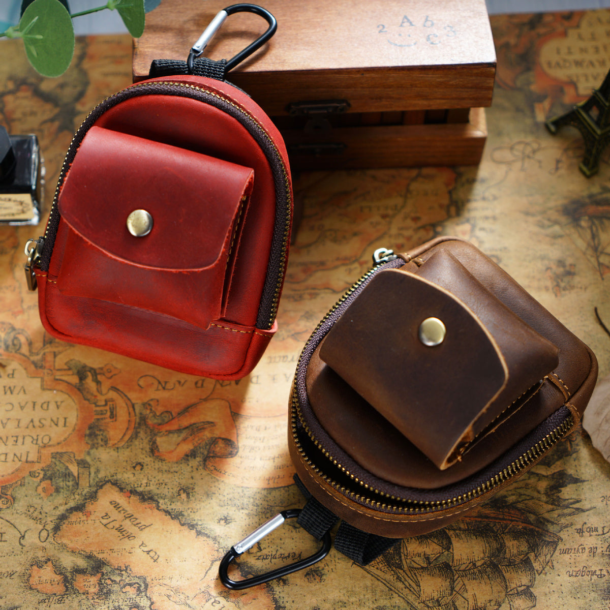 Trail Buddy-Genuine Leather Mini Backpack Pouch Cute Zip Coin Purse