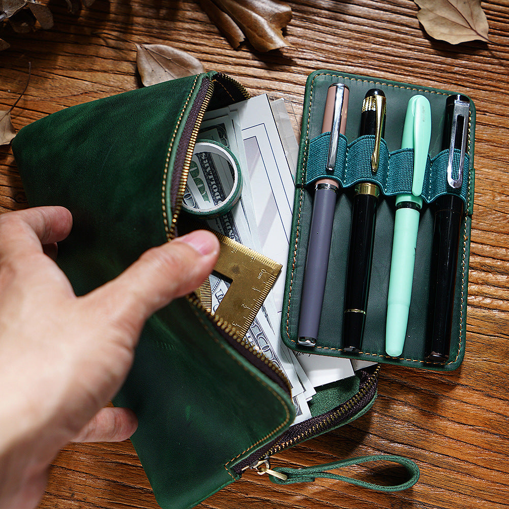 The Scribe's Vault — Vintage Leather Zipper Pen Case with Removable Pen Sleeve
