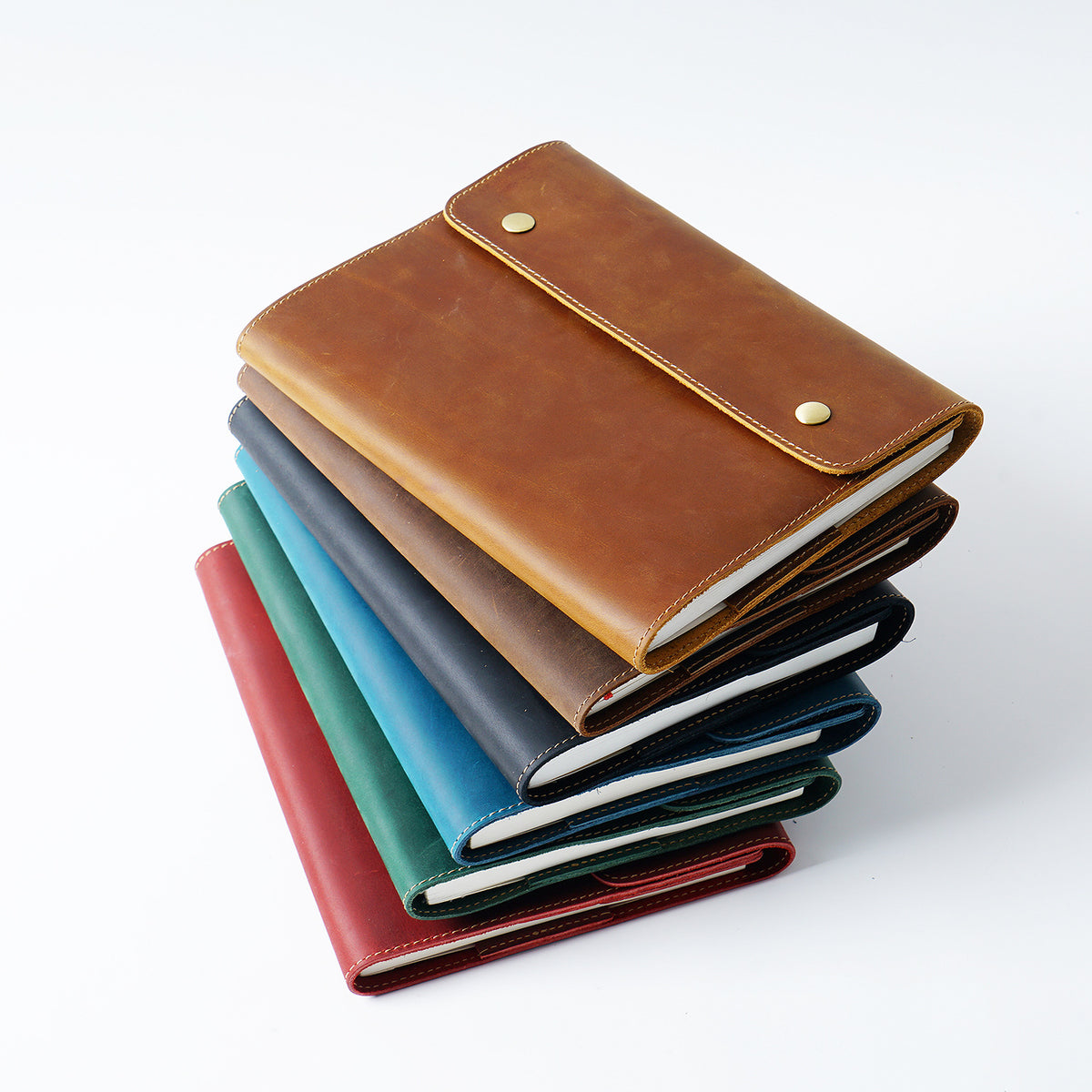 Top-Layer Cowhide Leather A5 Notebook with Snap Closure