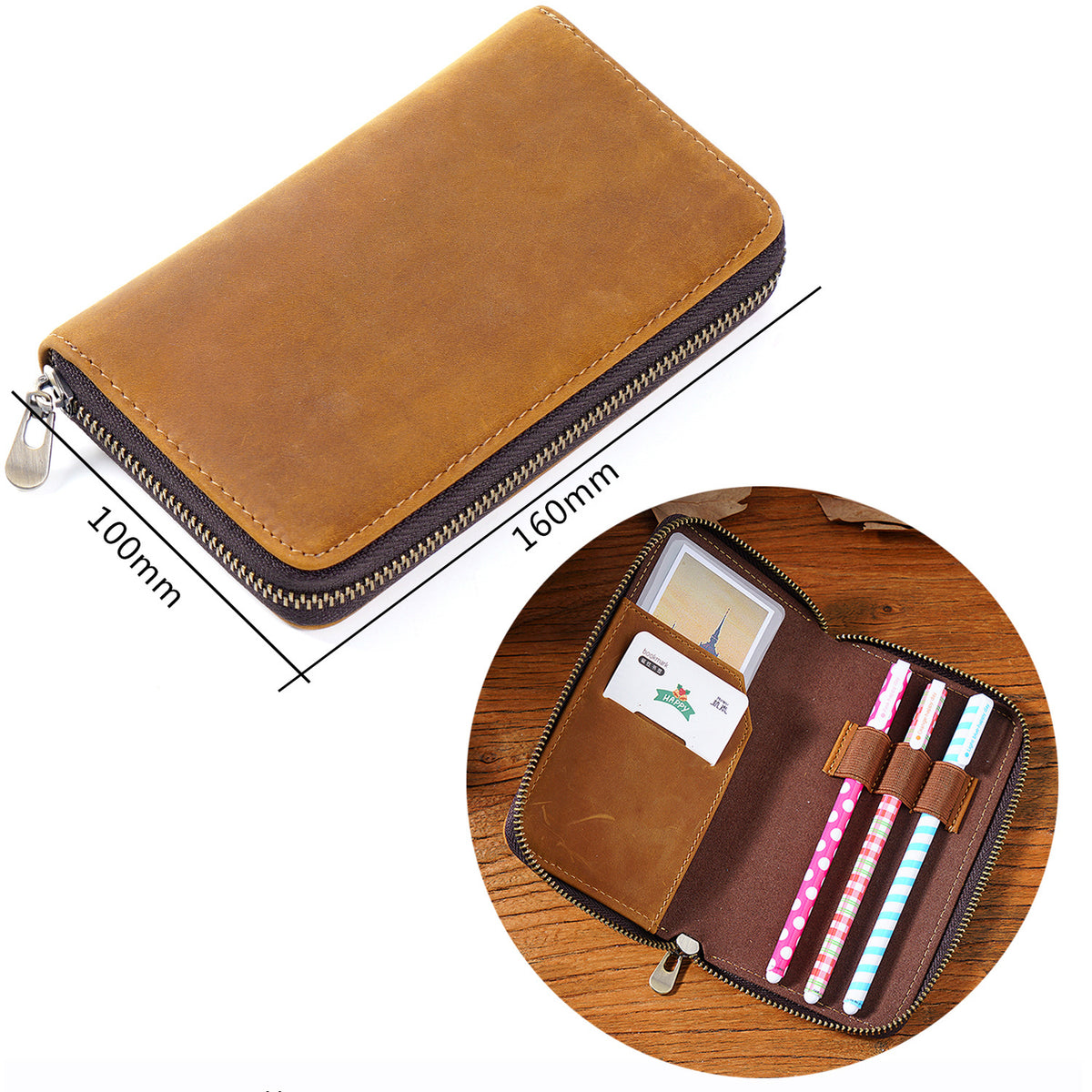 Leather 3-Pen Slot Zipper Pencil Case