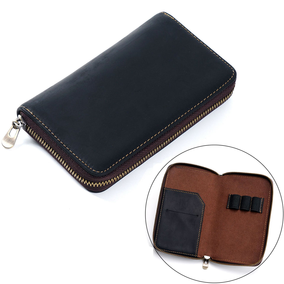 Leather 3-Pen Slot Zipper Pencil Case