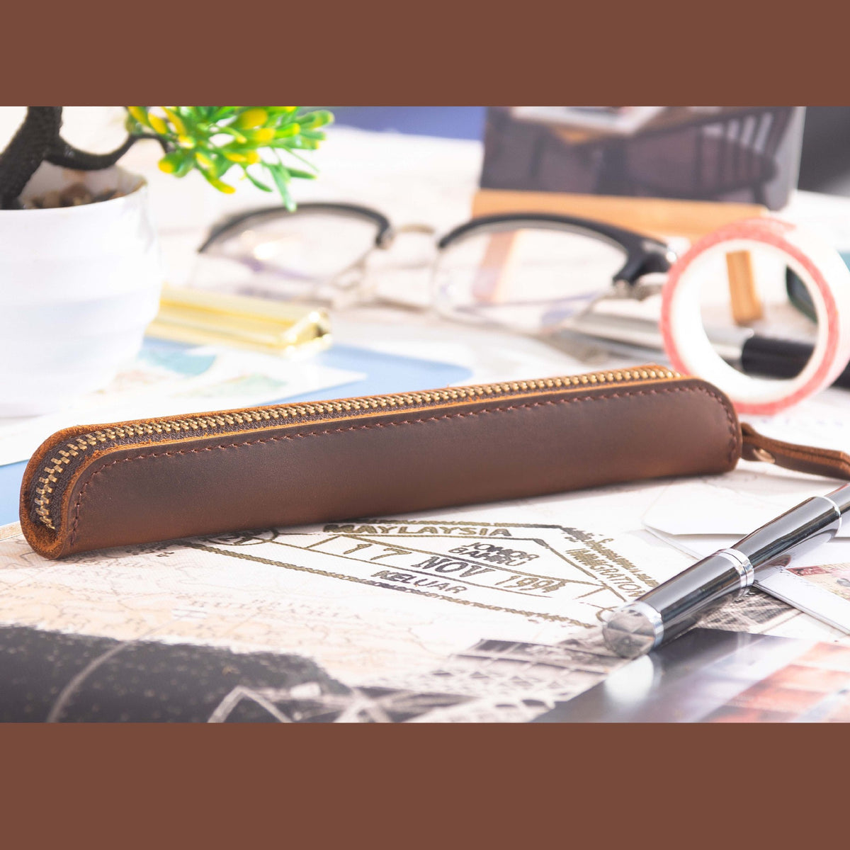 Single Pen -Leather Zipper Pen Case