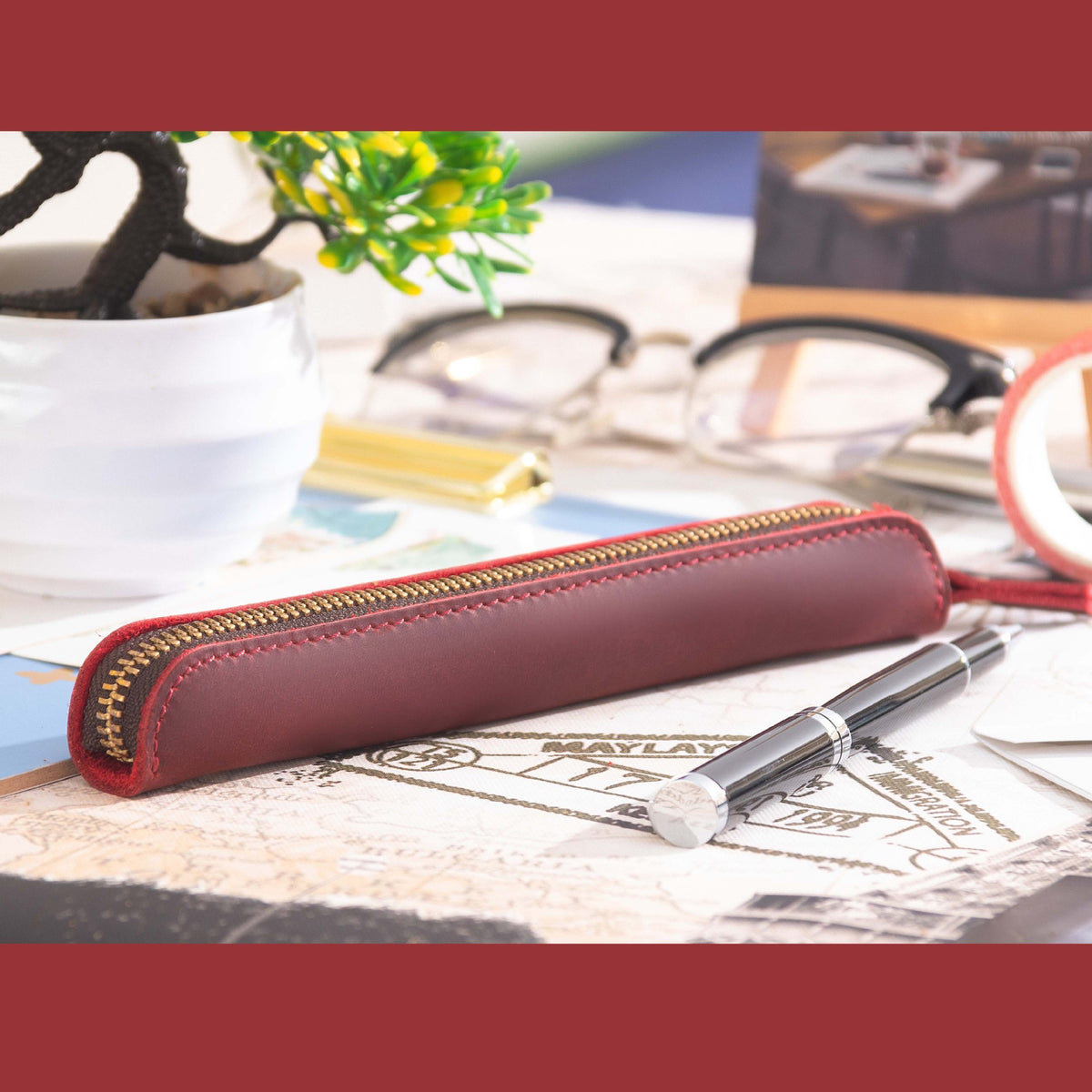 Single Pen -Leather Zipper Pen Case
