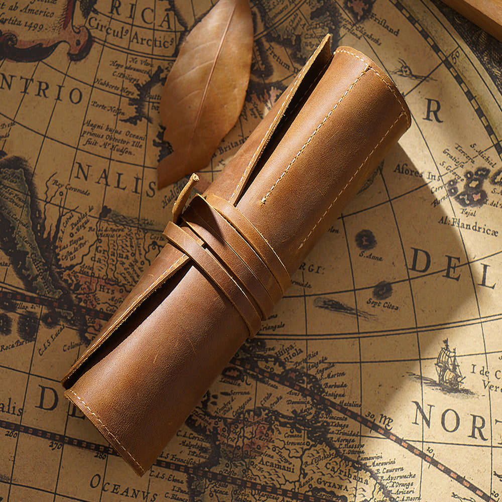 Leather 5-Pen Slot Roll-Up Pencil Case