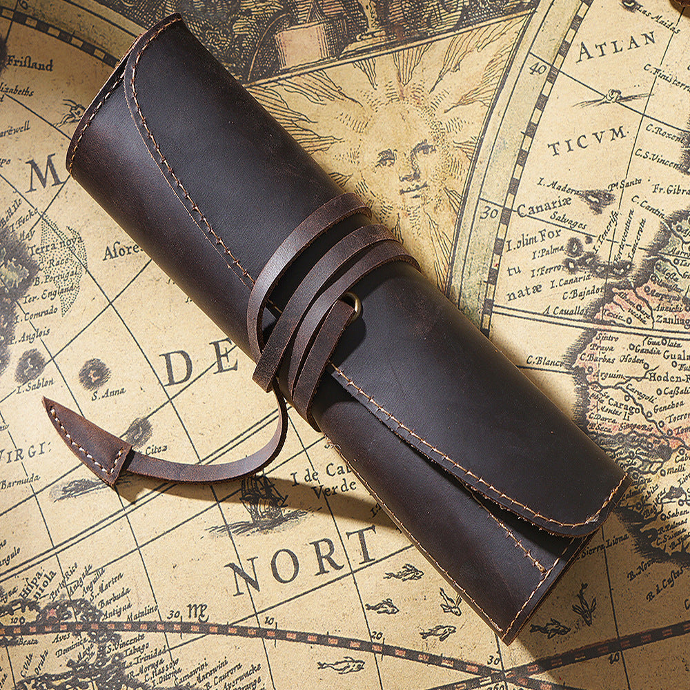 Leather 5-Pen Slot Roll-Up Pencil Case