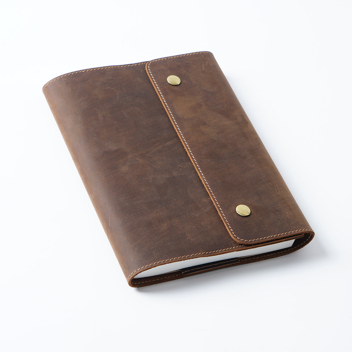 Top-Layer Cowhide Leather A5 Notebook with Snap Closure