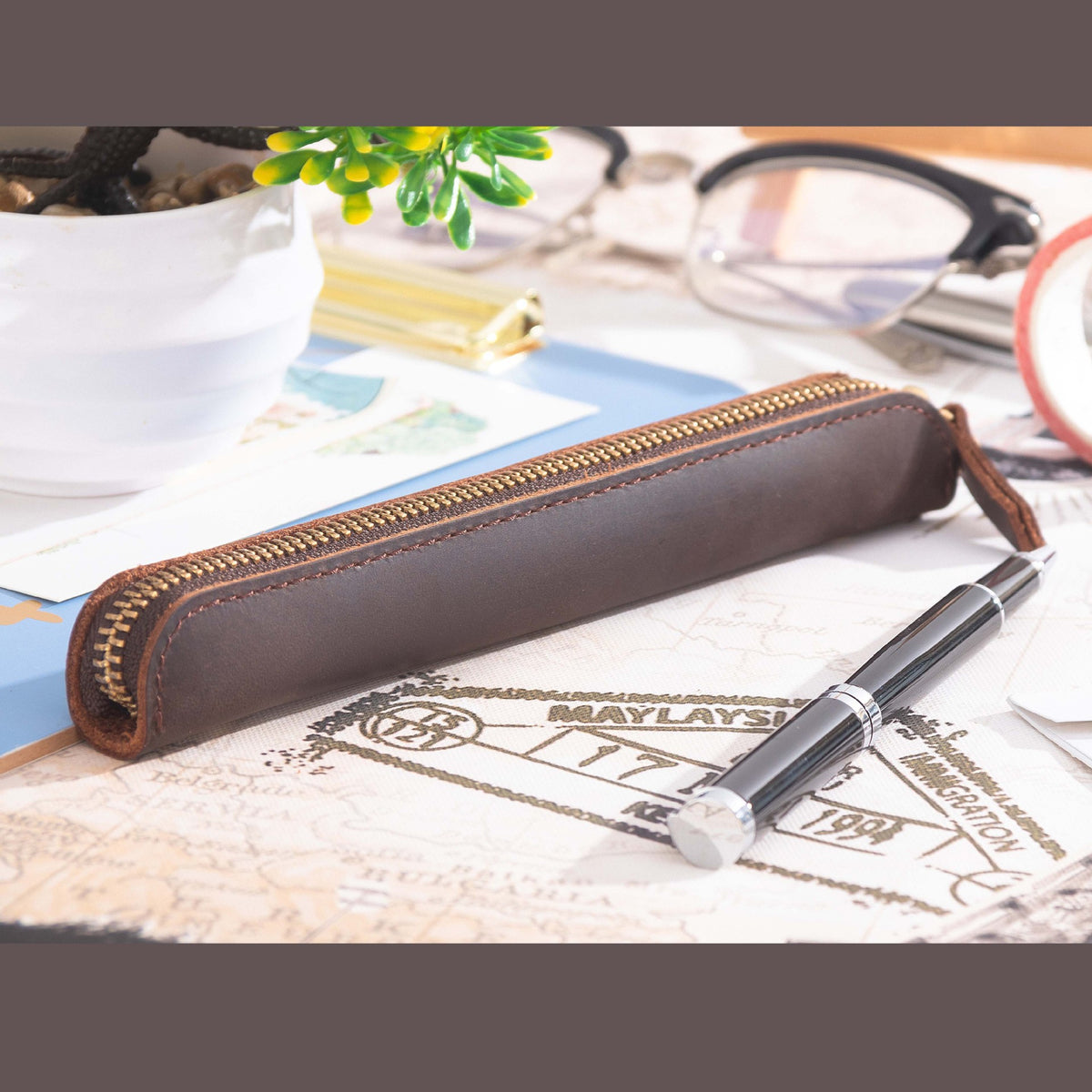Single Pen -Leather Zipper Pen Case