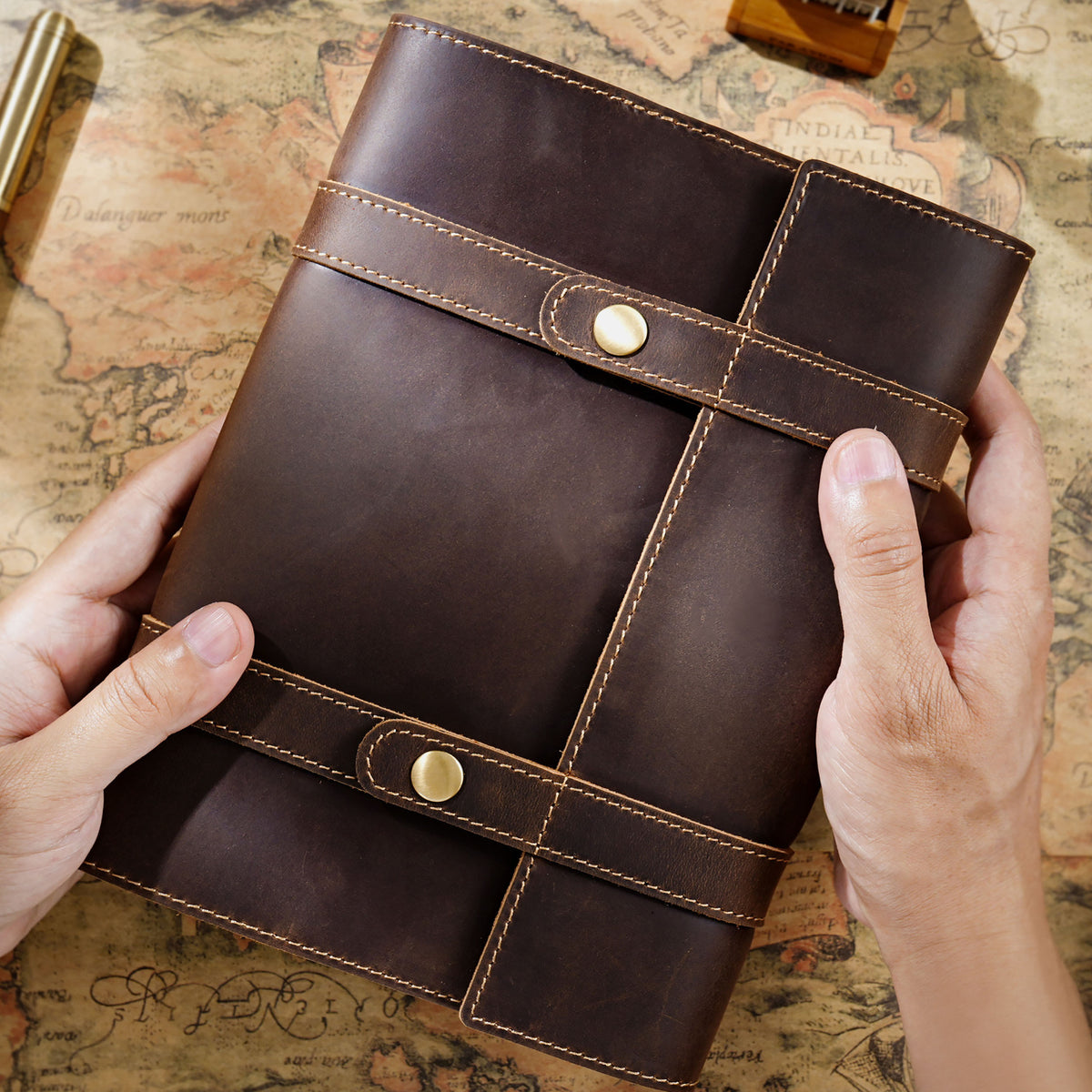 Fold & Tell – Triple-Fold Leather A5 Notebook with Dual Snap Closure
