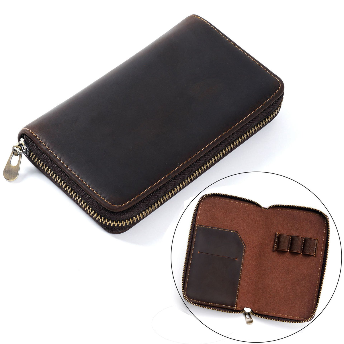 Leather 3-Pen Slot Zipper Pencil Case