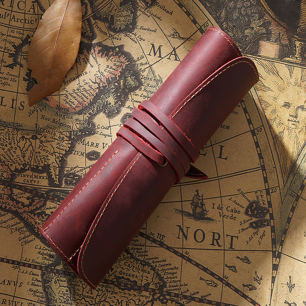 Leather 5-Pen Slot Roll-Up Pencil Case