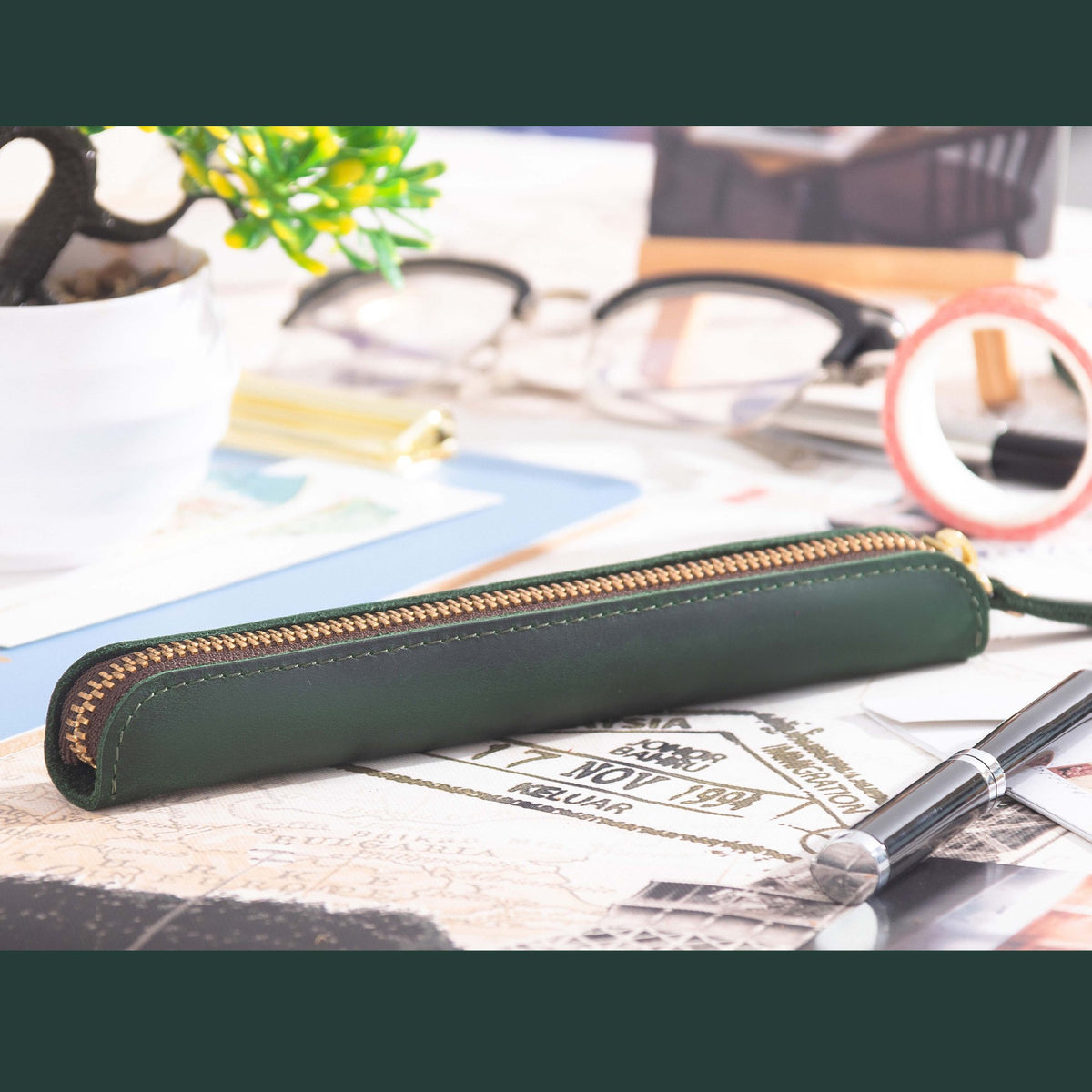 Single Pen -Leather Zipper Pen Case