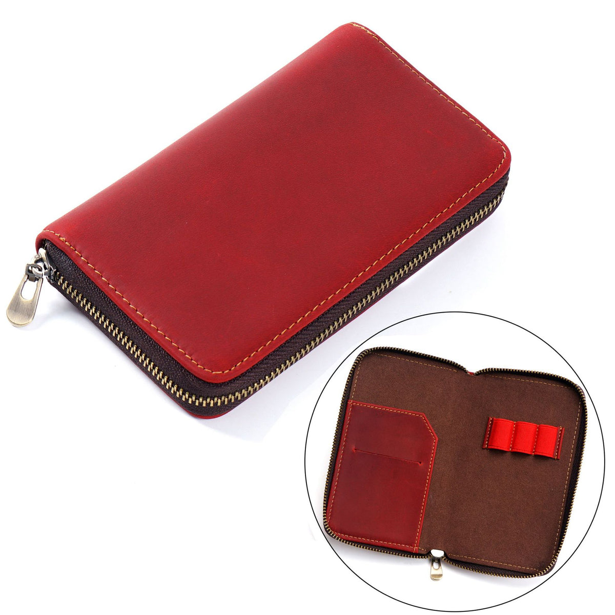 Leather 3-Pen Slot Zipper Pencil Case