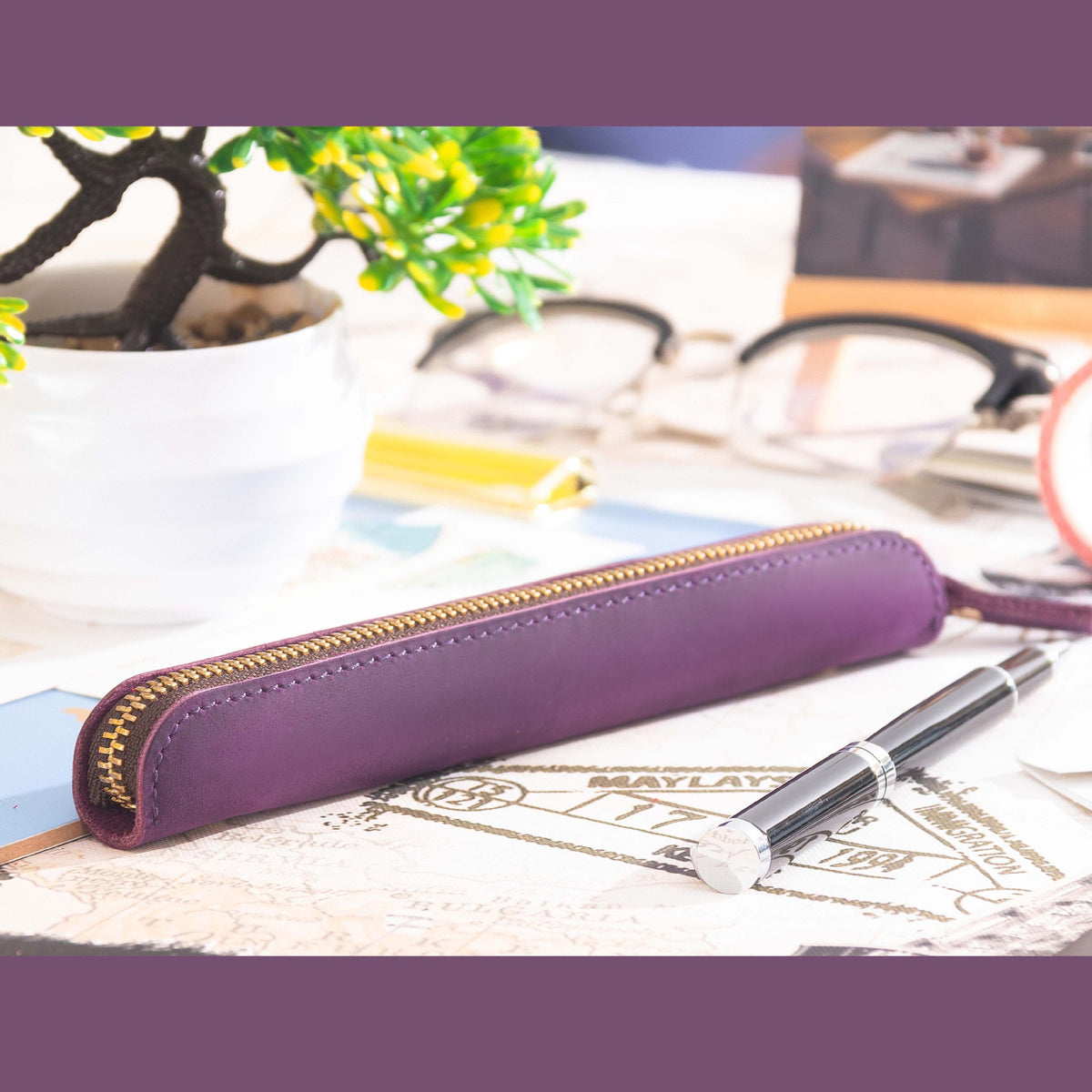 Single Pen -Leather Zipper Pen Case