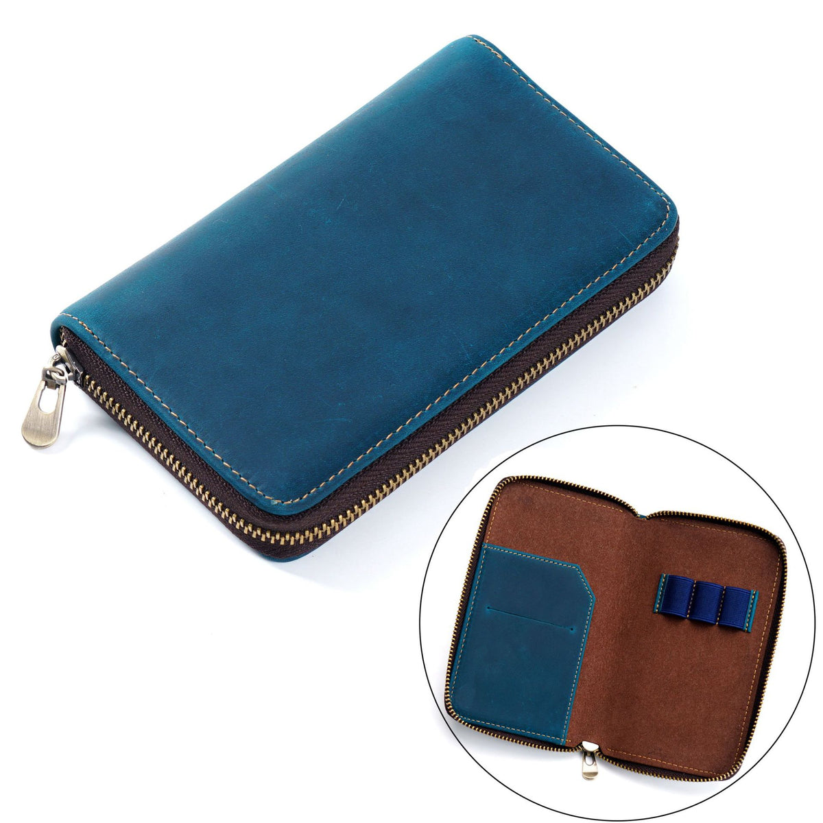 Leather 3-Pen Slot Zipper Pencil Case