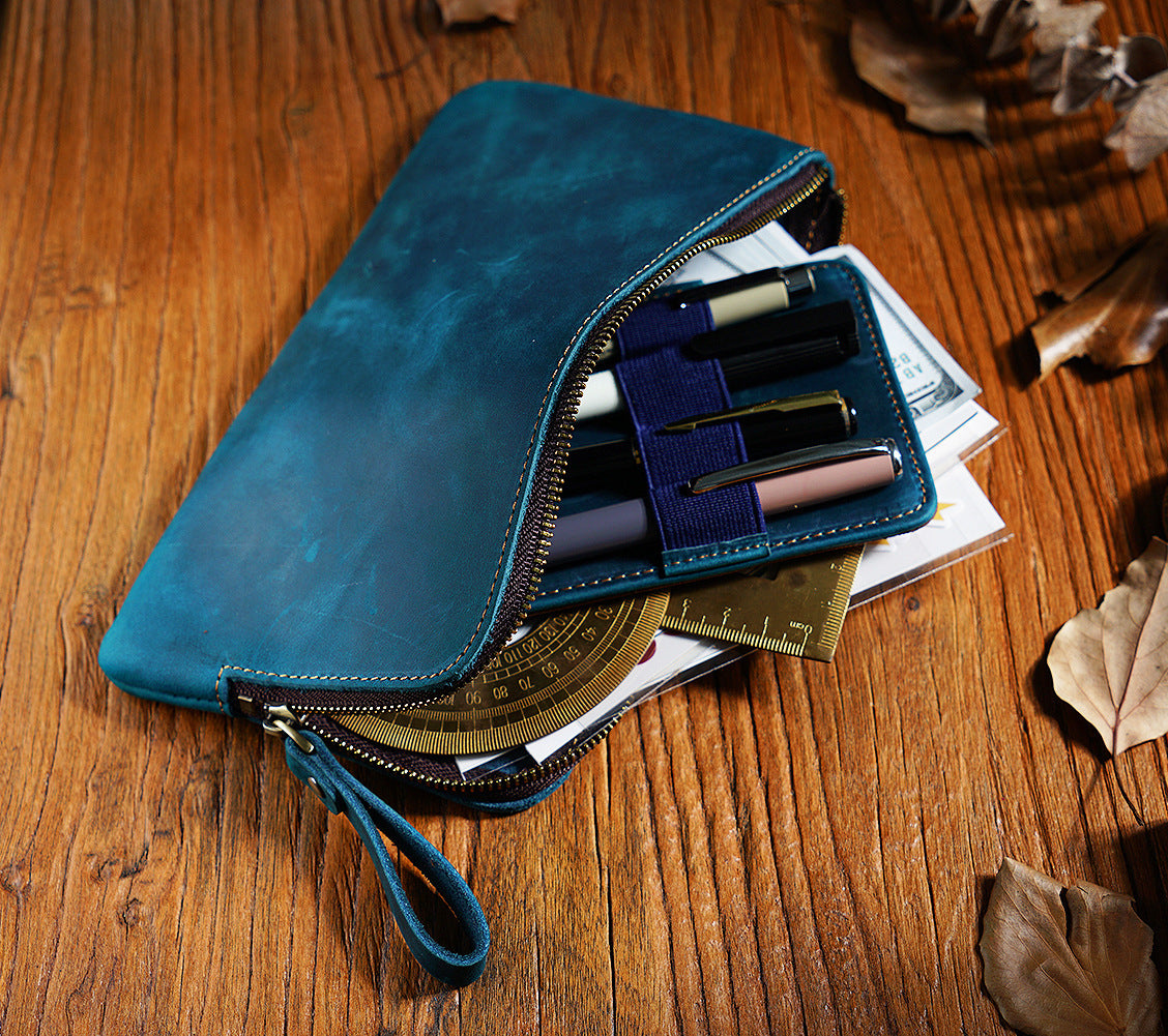 The Scribe's Vault — Vintage Leather Zipper Pen Case with Removable Pen Sleeve