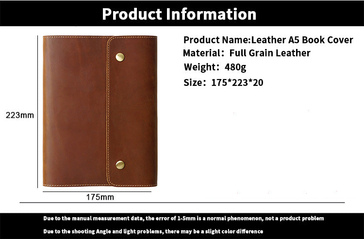 Top-Layer Cowhide Leather A5 Notebook with Snap Closure