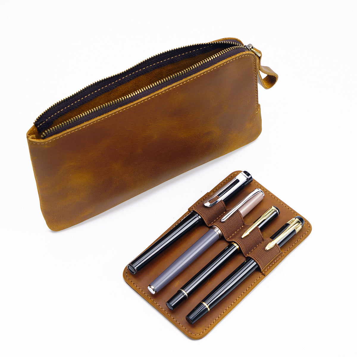 The Scribe's Vault — Vintage Leather Zipper Pen Case with Removable Pen Sleeve